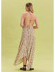 V Neck Backless Halter Neck Beige Floral Dress 4656
